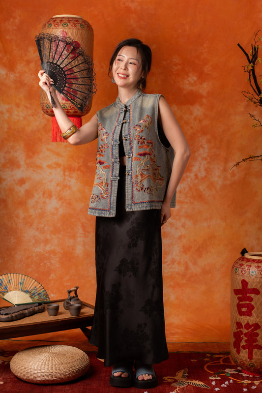 Celandine Embroidered Vest in Denim Blue