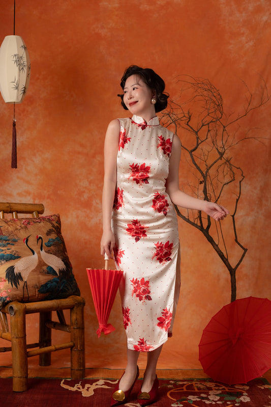 Scarlet Dot Backless Cheongsam Dress in Ivory