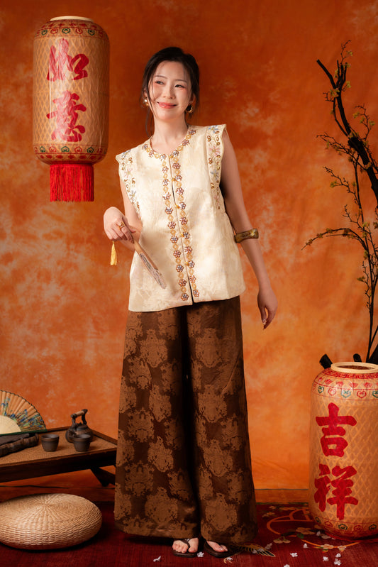 Alessia Damask Wide-Leg Pants in Brown