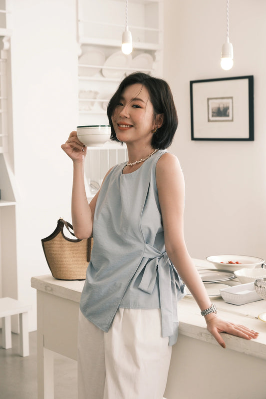 Arden Side-Tie Draped Top in Light Blue