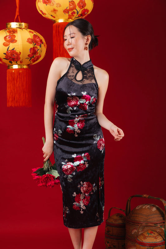 Velvet Noir Lace Cheongsam Dress