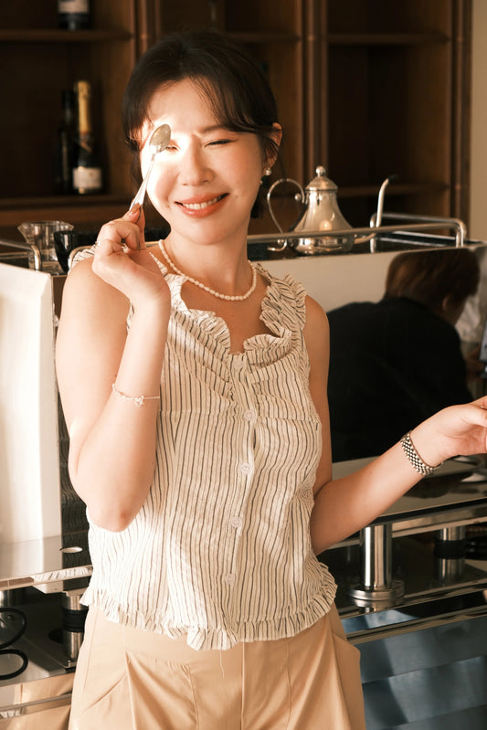Léa Striped Ruffled Sleeveless Top in White