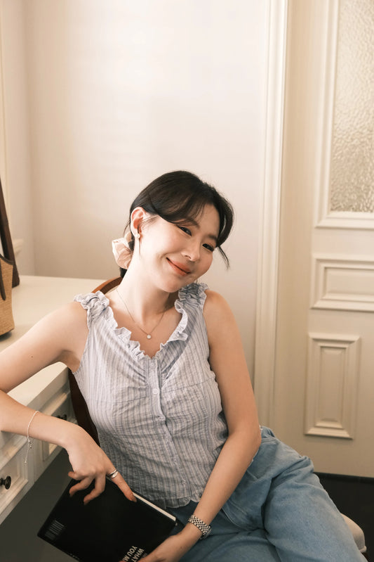 Léa Striped Ruffled Sleeveless Top in Blue