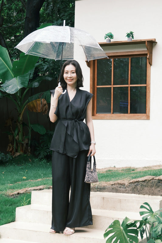 Olienne Satin Wrap Set in Black