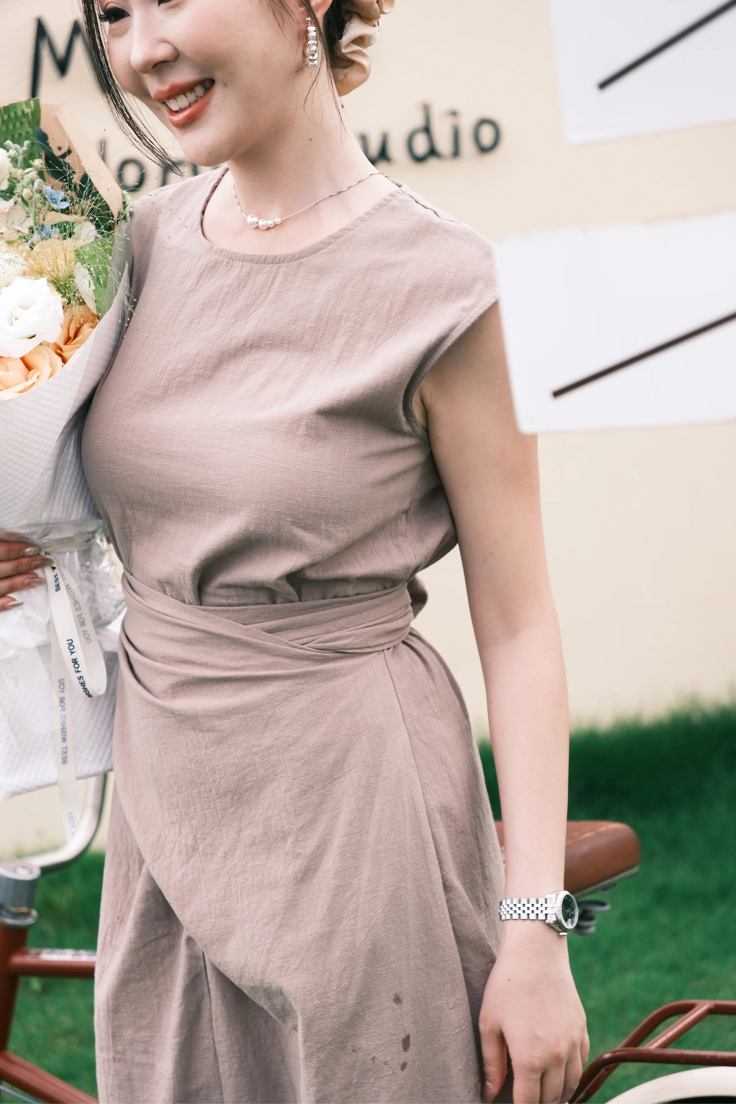 Renée Draped Tie-Waist Maxi Dress in Light Brown