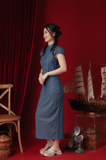 Denim Sculpt Cheongsam Midi Dress