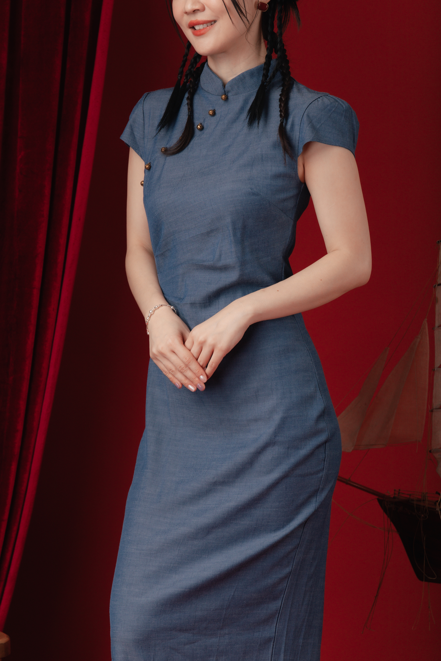 Denim Sculpt Cheongsam Midi Dress