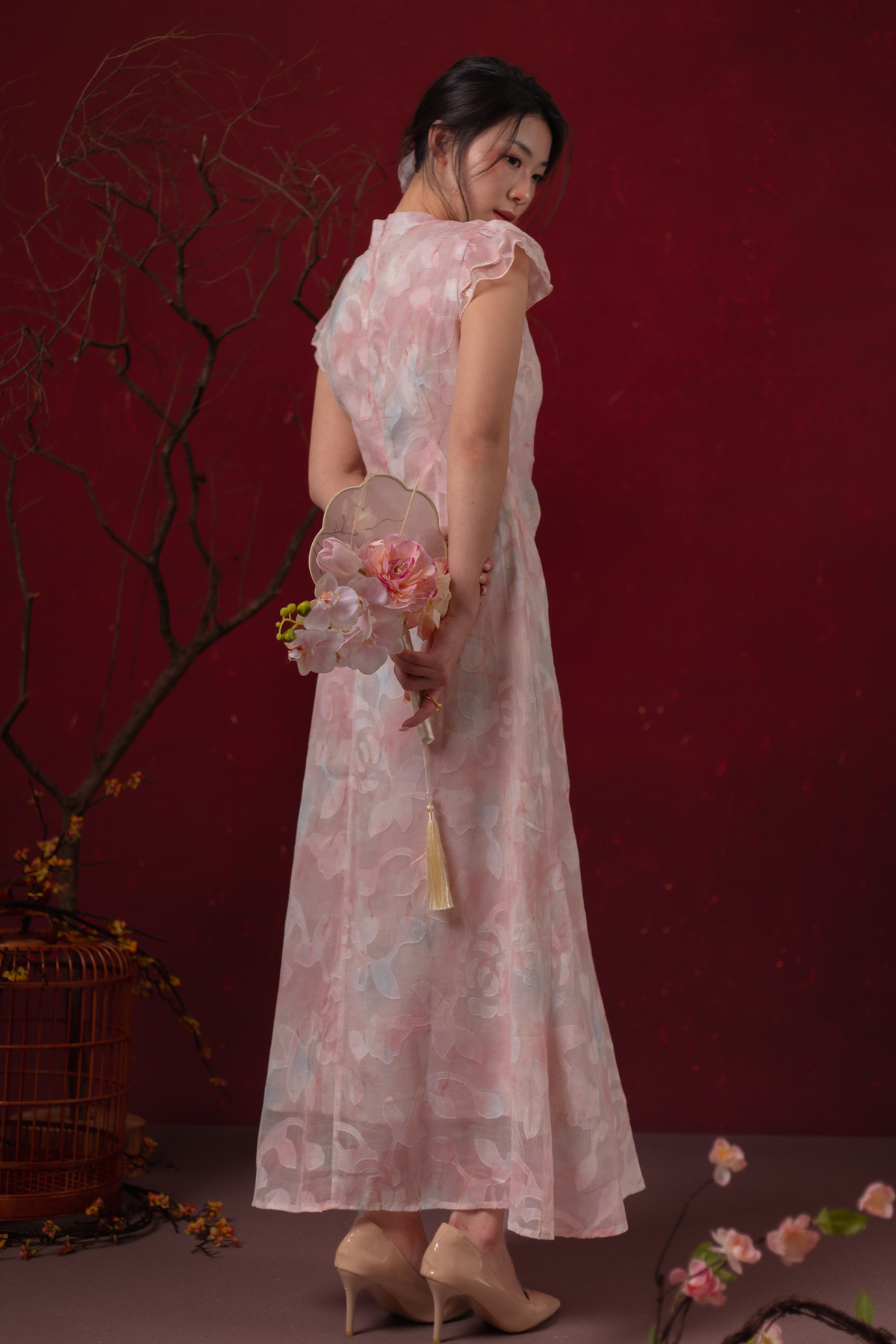 Fleur Rosée Cheongsam Dress in Blush Pink