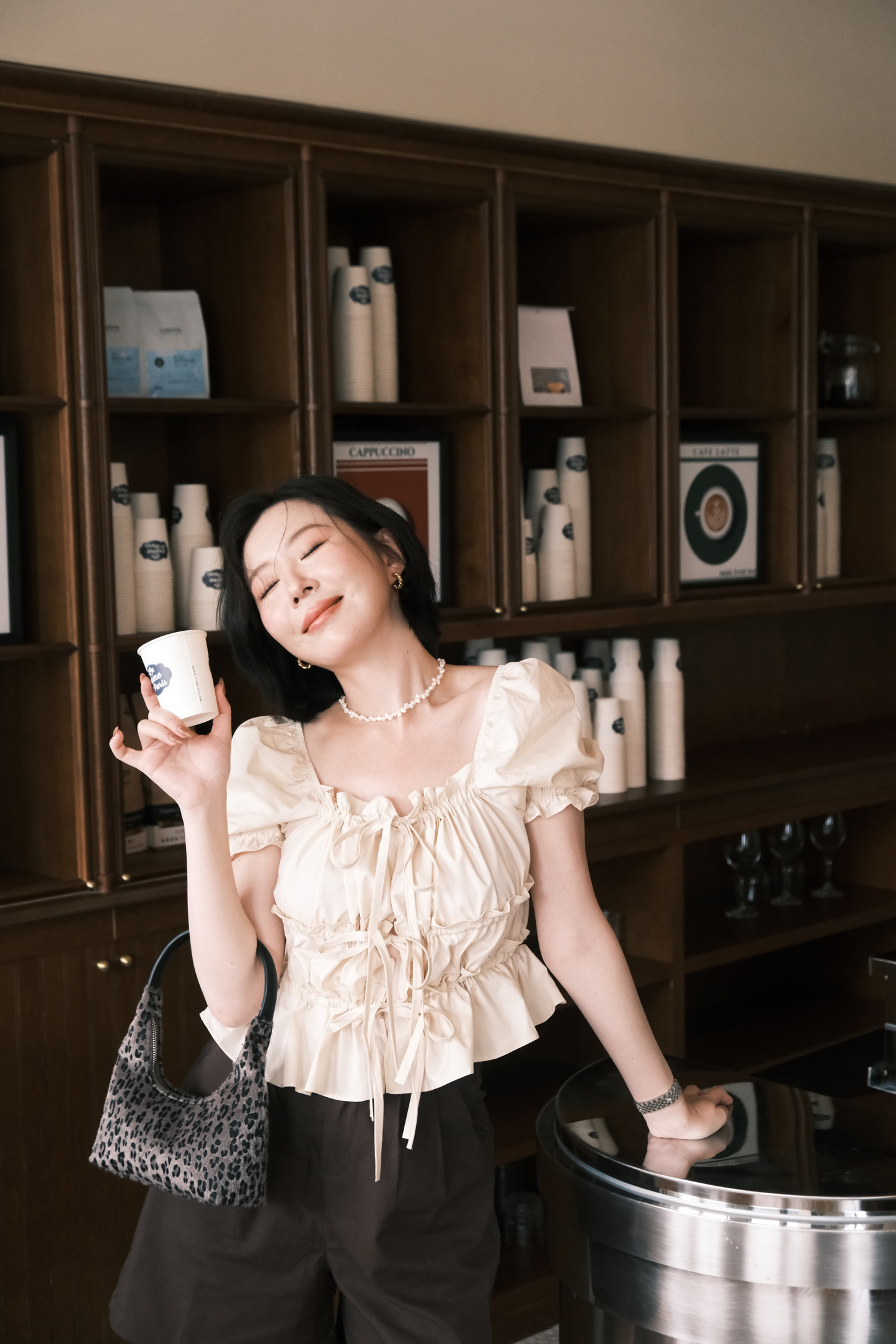 Noelle Ruched Tie Blouse in Beige