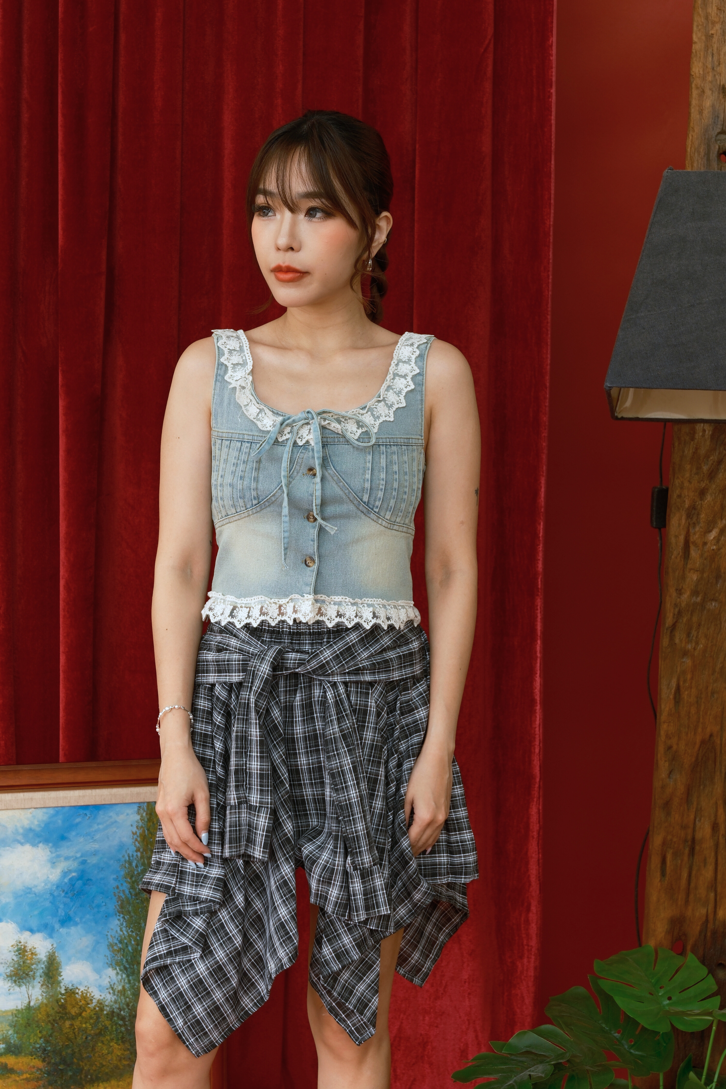 Elise Lace-Trim Denim Top