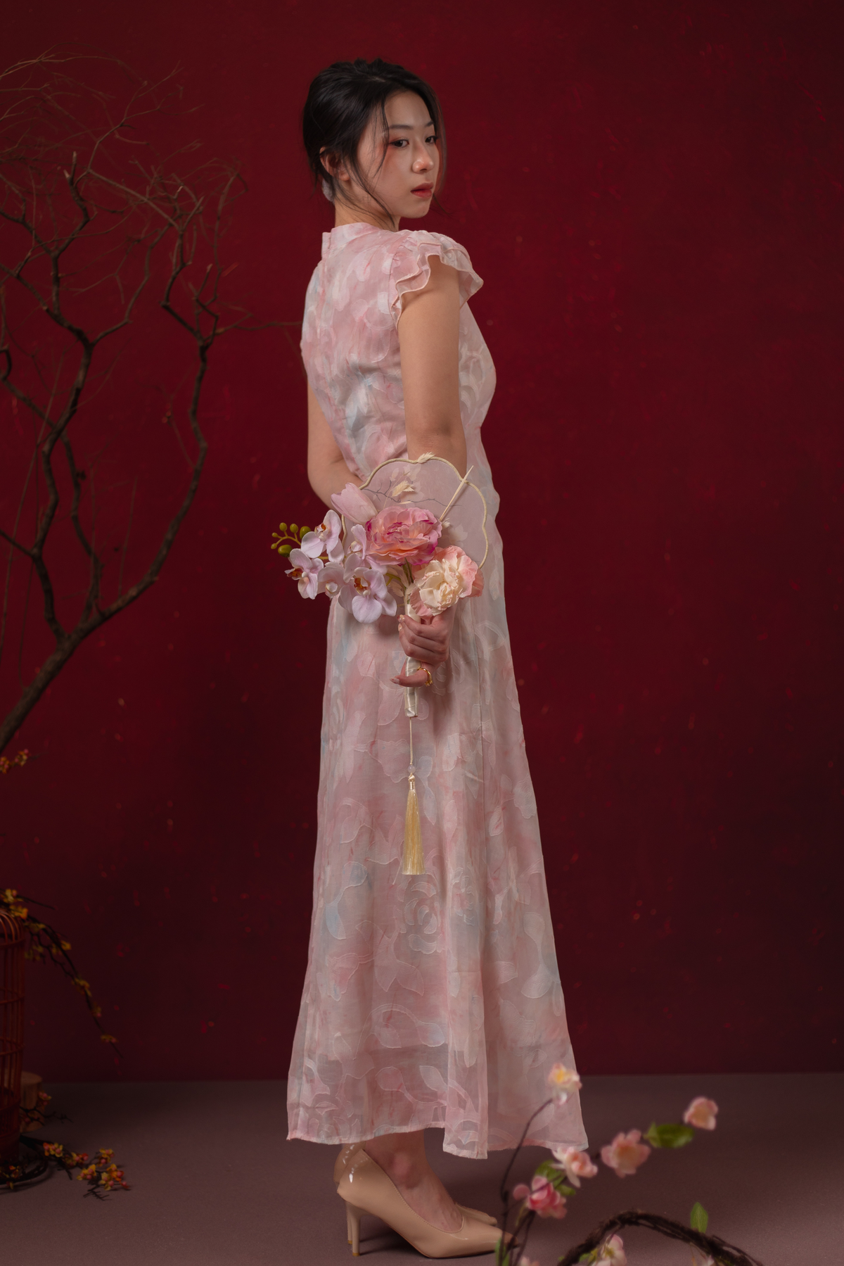 Fleur Rosée Cheongsam Dress in Blush Pink