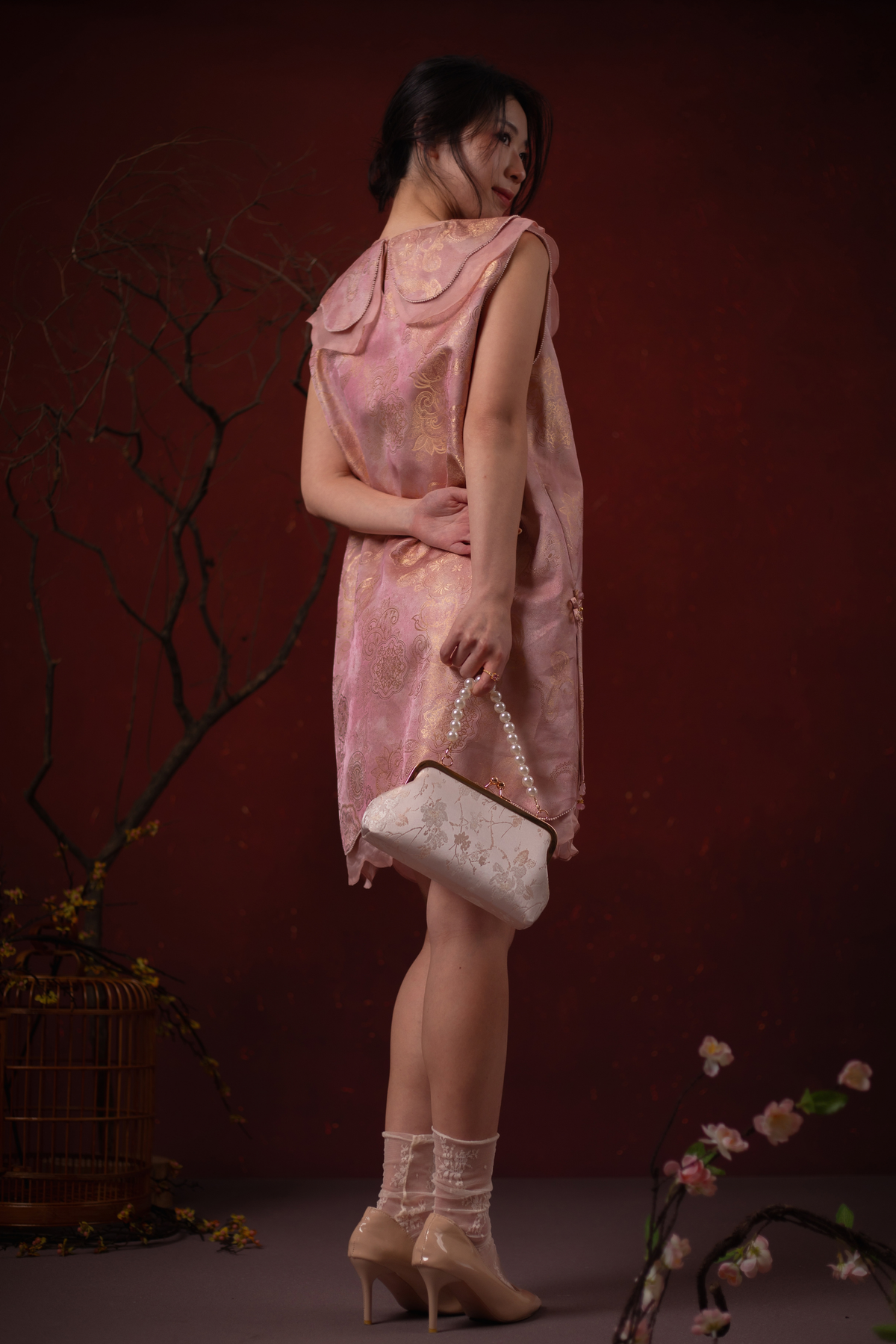 Elara Lotus Cheongsam Dress in Pink