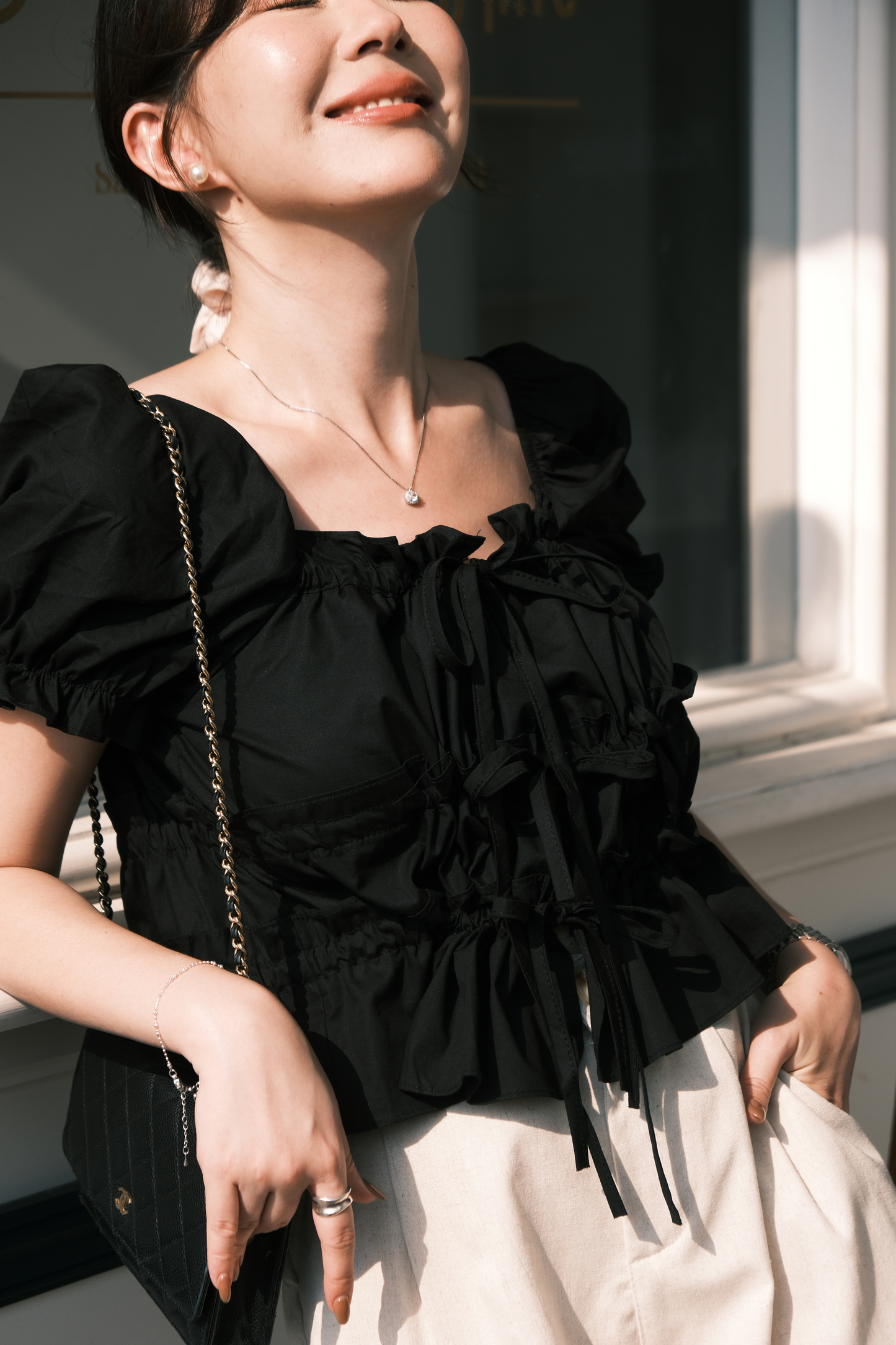 Noelle Ruched Tie Blouse in Black