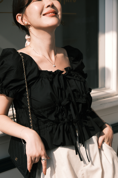 Noelle Ruched Tie Blouse in Black