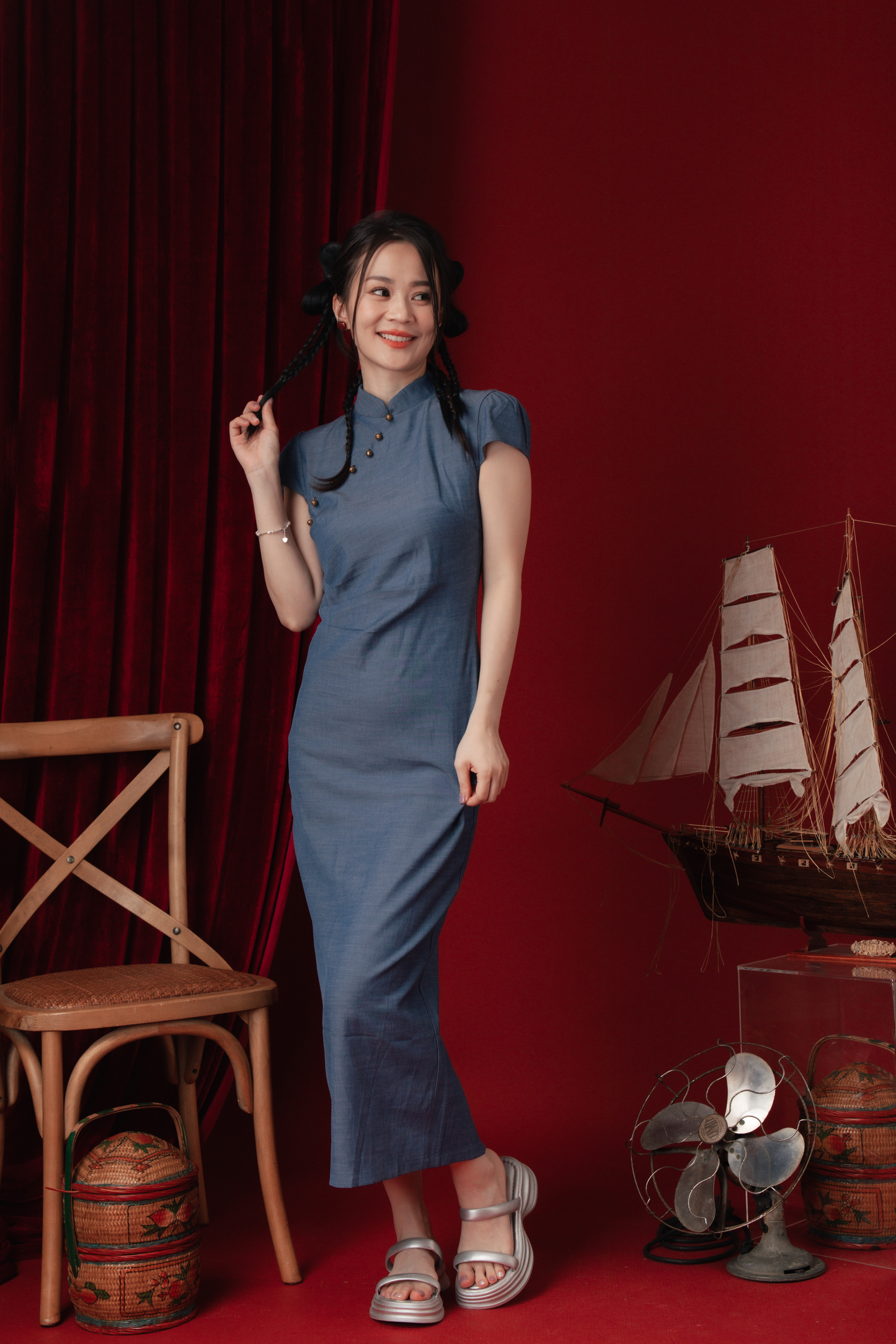 Denim Sculpt Cheongsam Midi Dress