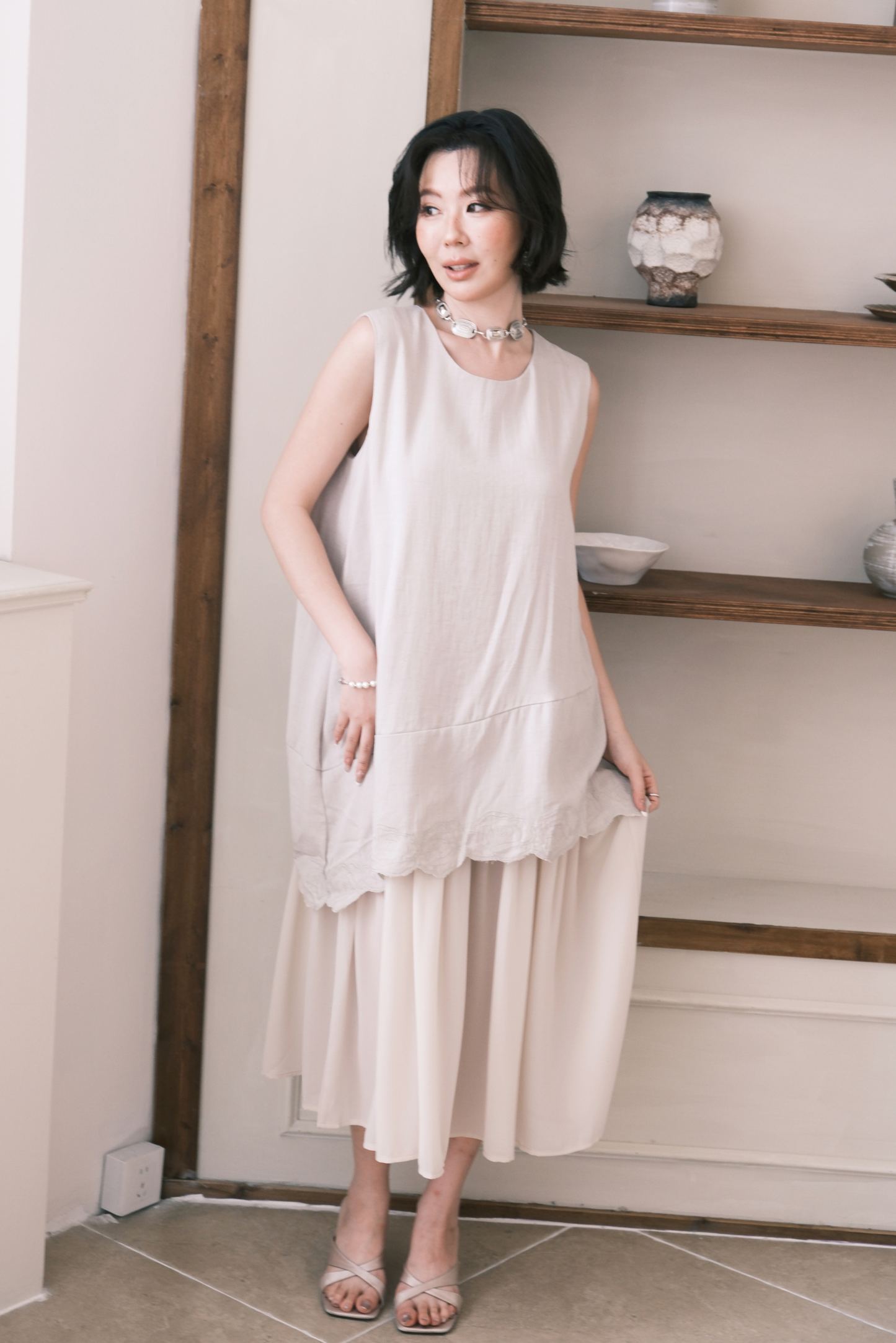 Rosalie Embroidered Layered Maxi Dress in Oatmeal
