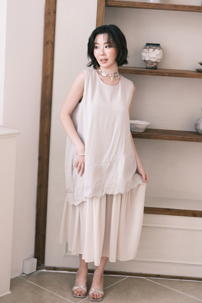 Rosalie Embroidered Layered Maxi Dress in Oatmeal