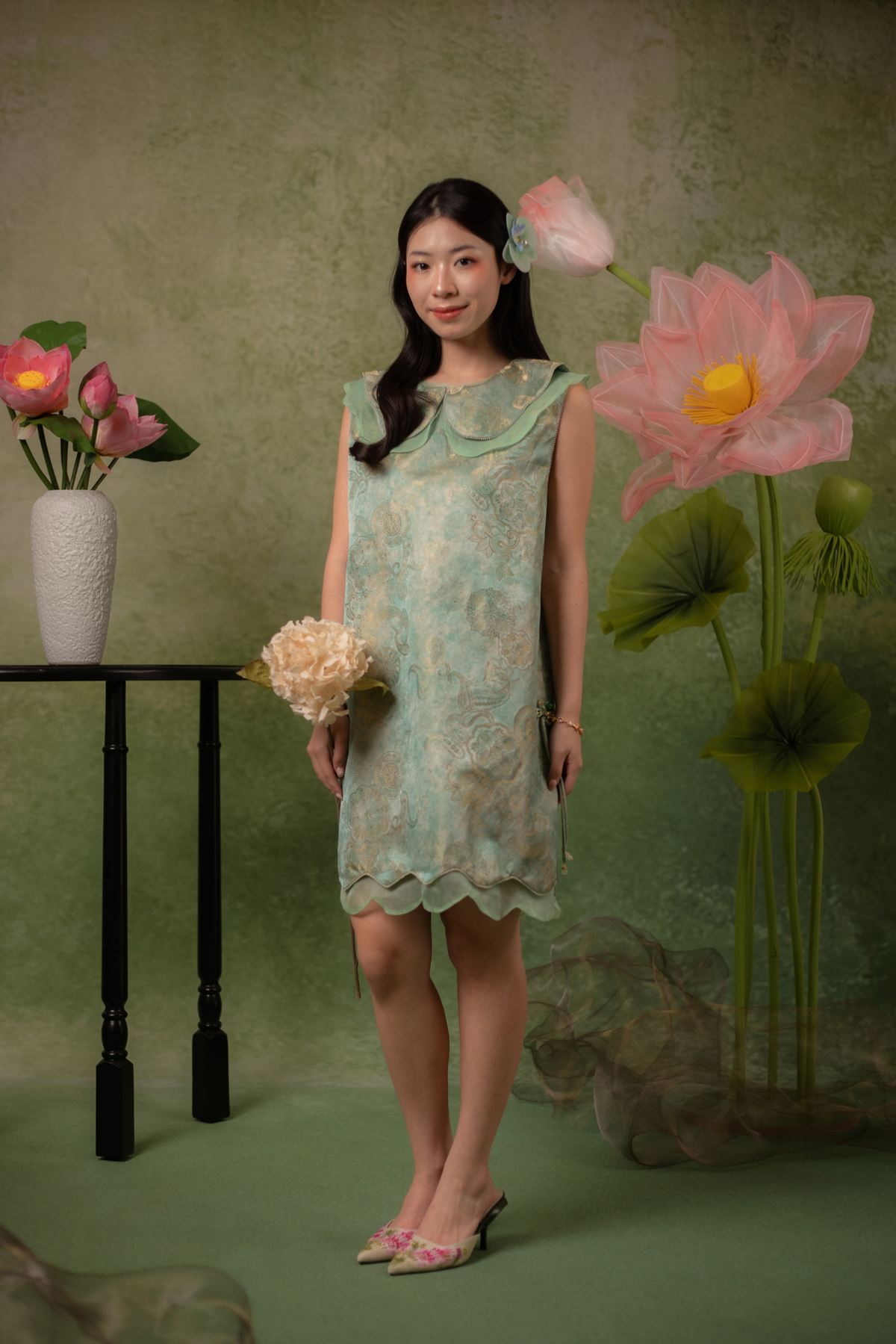 Elara Lotus Cheongsam Dress in Mint Sage