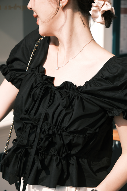 Noelle Ruched Tie Blouse in Black