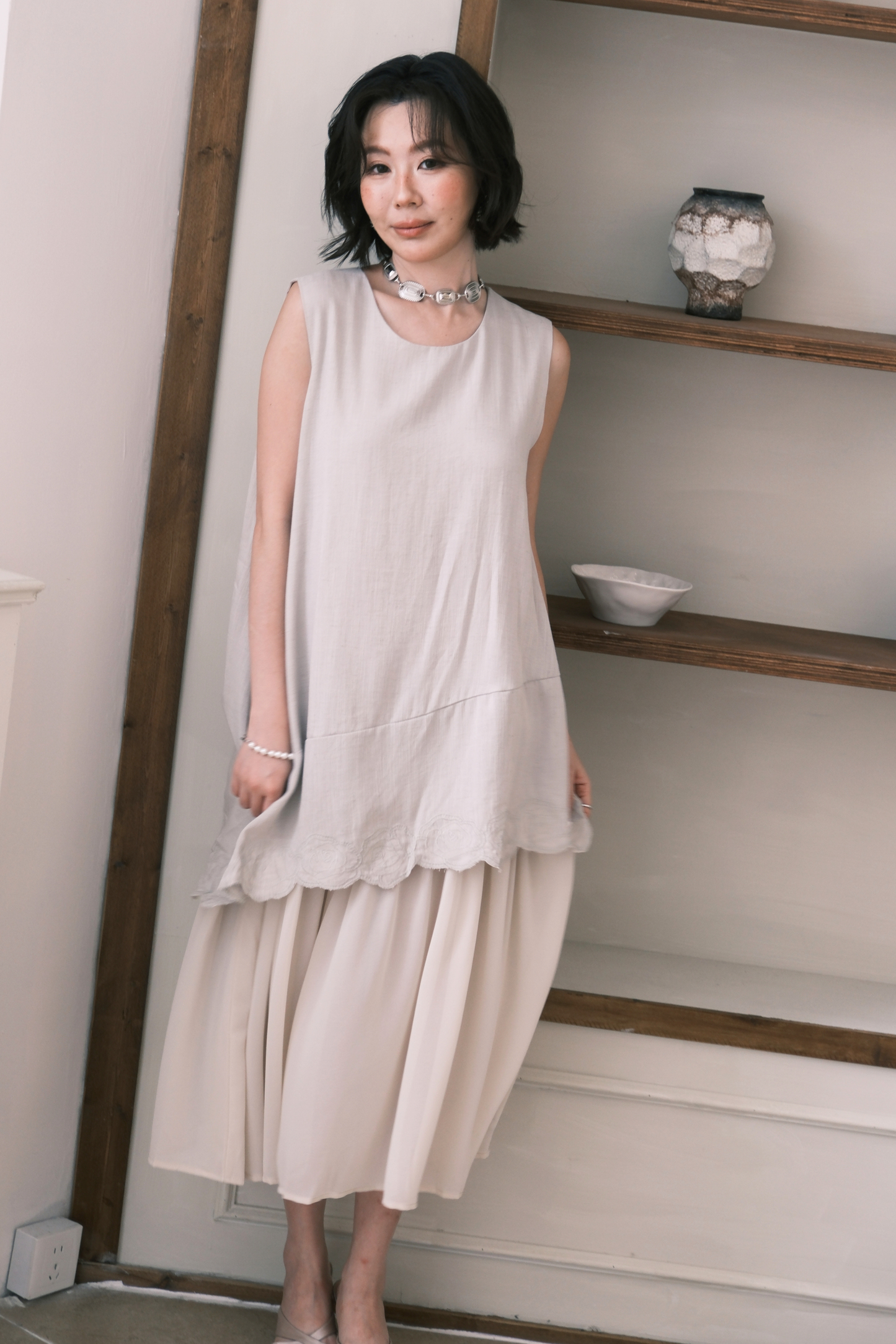 Rosalie Embroidered Layered Maxi Dress in Oatmeal