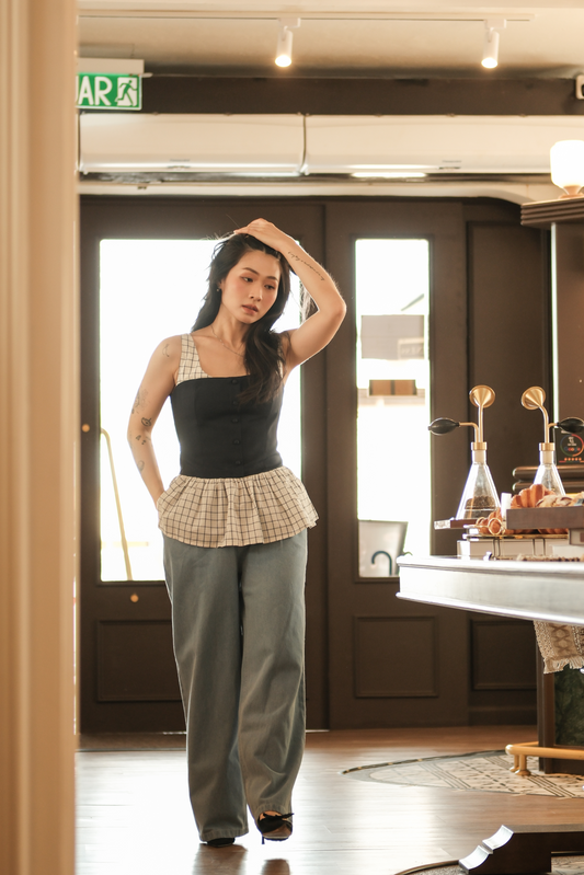 Clémence Checked Peplum Corset Top in Blue