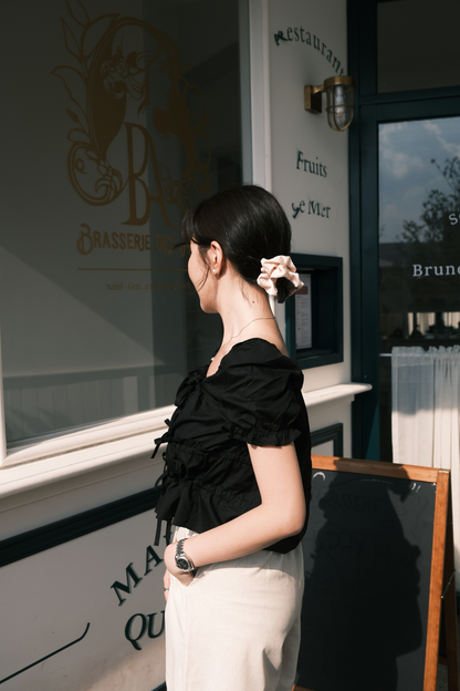 Noelle Ruched Tie Blouse in Black