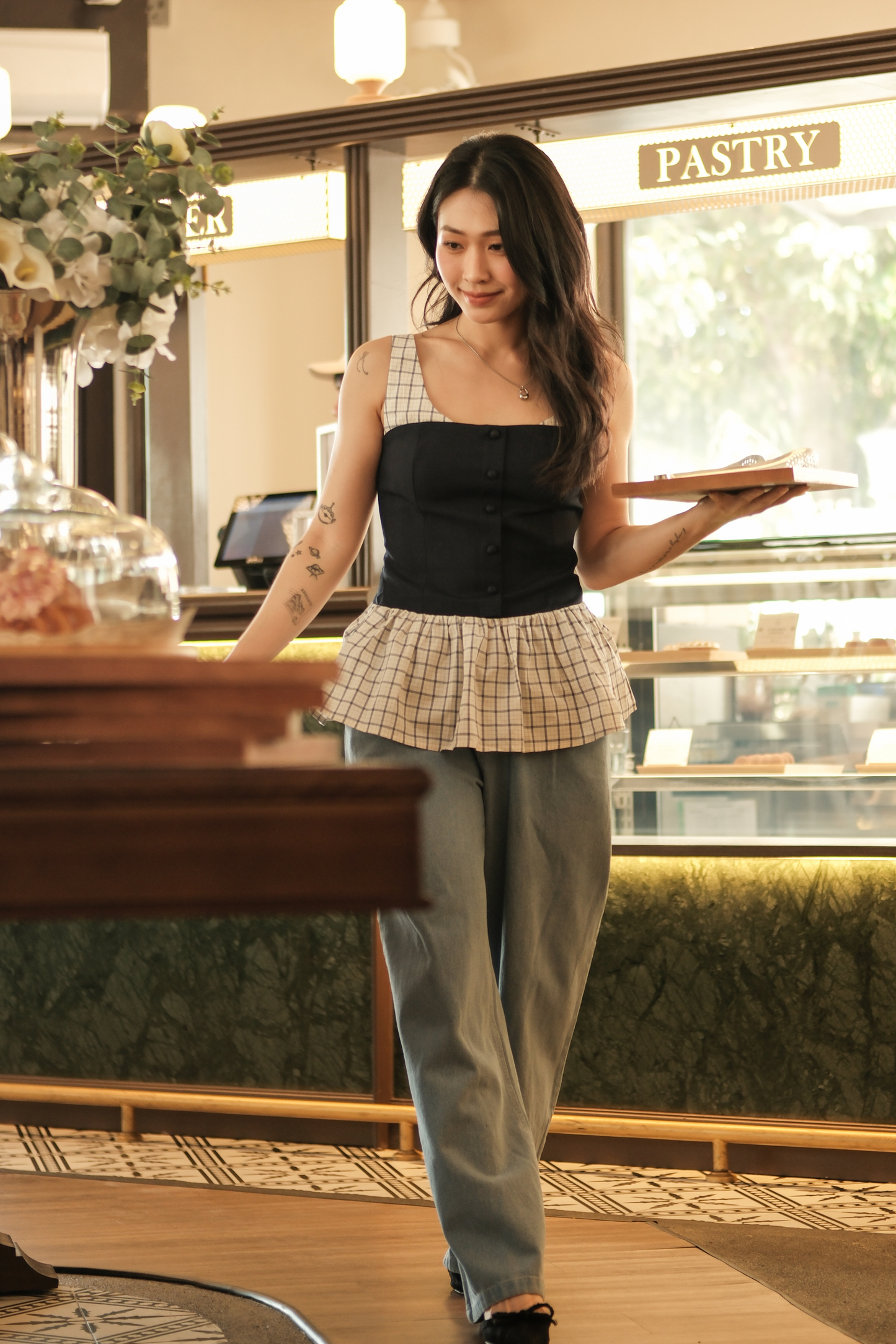 Clémence Checked Peplum Corset Top in Blue