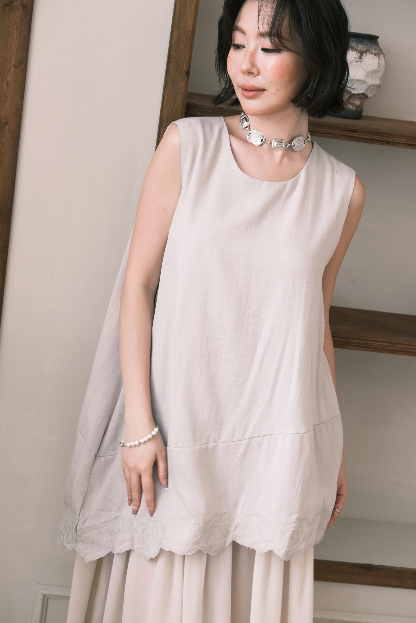 Rosalie Embroidered Layered Maxi Dress in Oatmeal