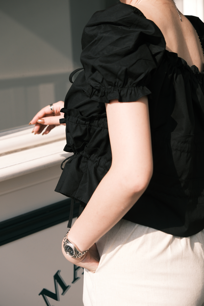 Noelle Ruched Tie Blouse in Black