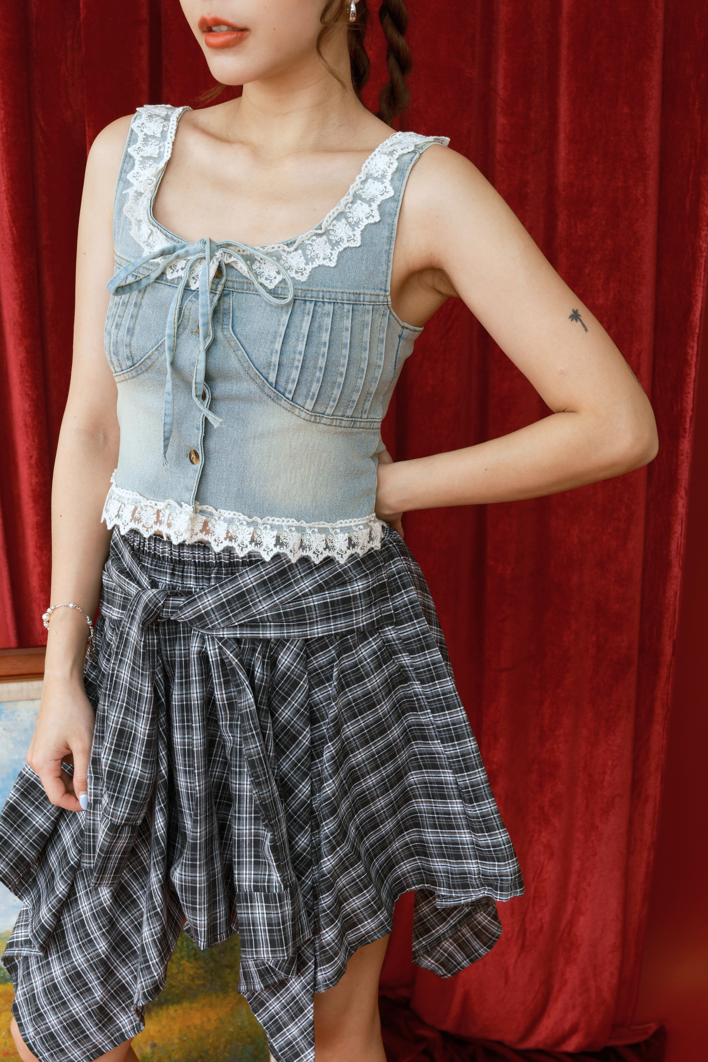 Elise Lace-Trim Denim Top