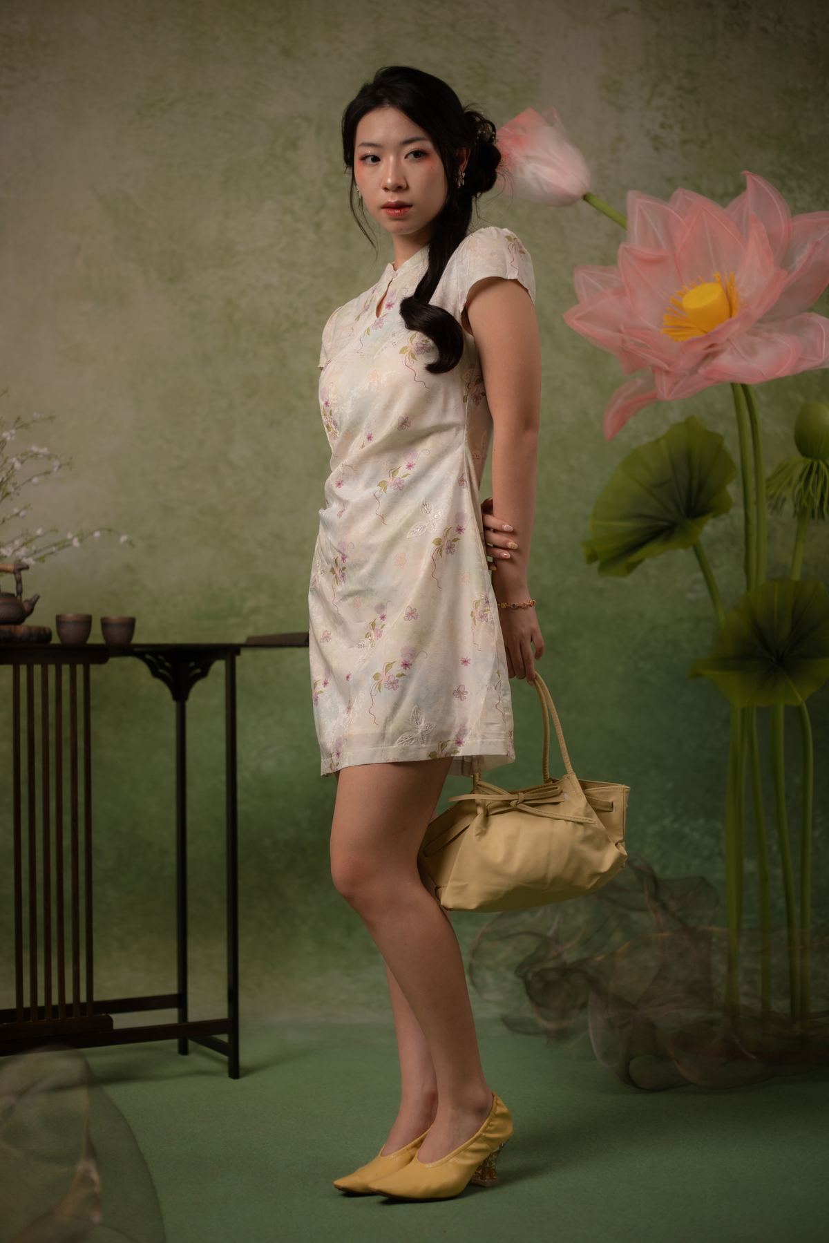 Orchid Butterfly Cheongsam Dress in Pale Champagne