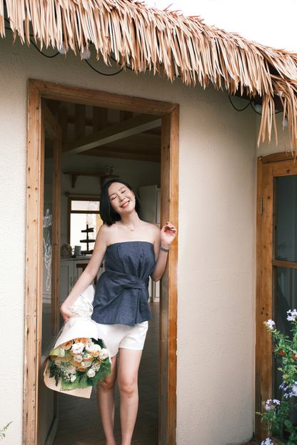 Éloise Strapless Pinstripe Peplum Top in Blue