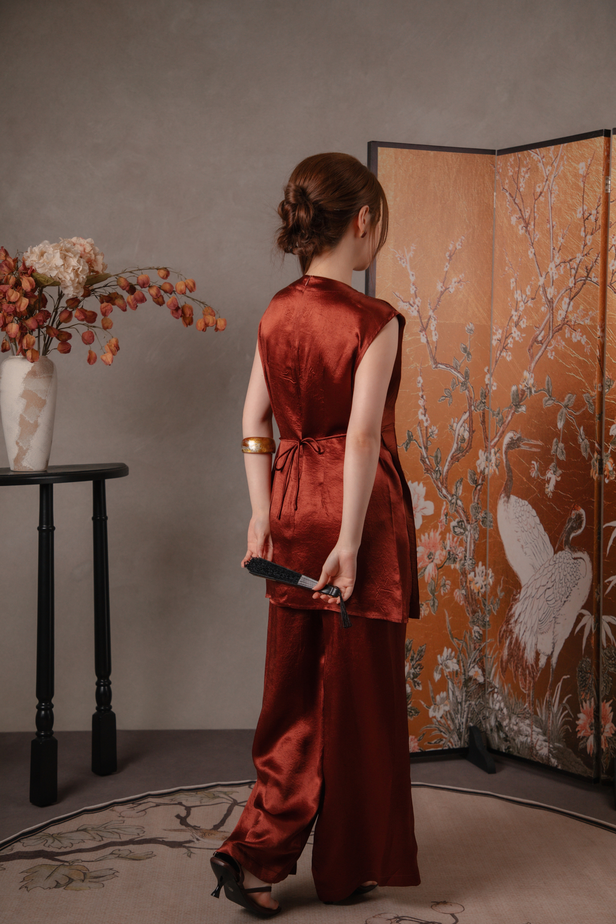 Maren Gilded Cheongsam Top & Pants Set in Maroon