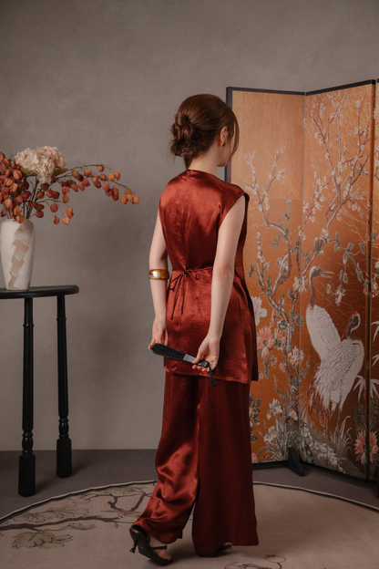 Maren Gilded Cheongsam Top & Pants Set in Maroon