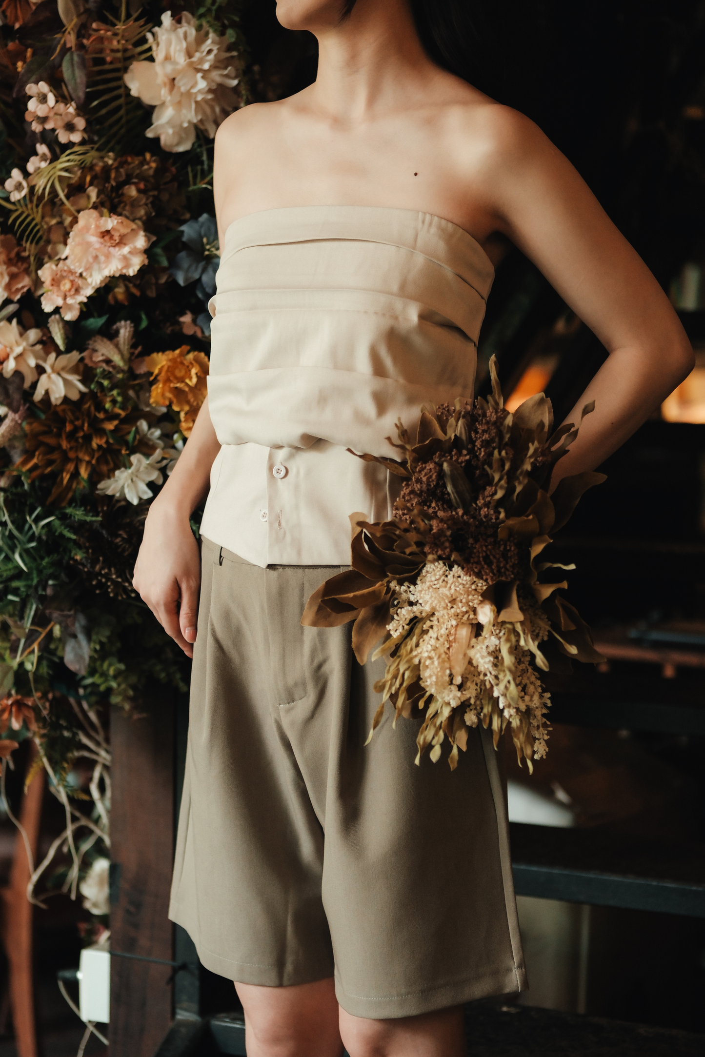 Isaline Ruched Back Tube Blouse in Beige
