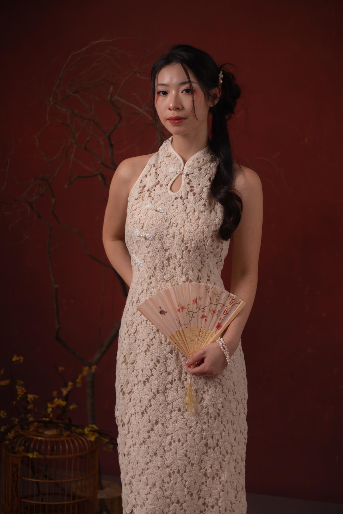 Camellia Lace Cheongsam Dress in Champagne