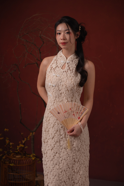 Camellia Lace Cheongsam Dress in Champagne