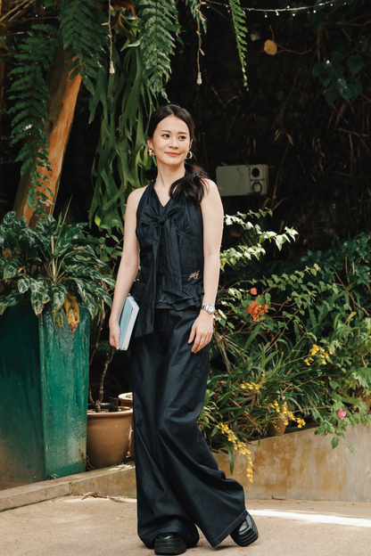 Clara Bow Halter Denim Top & Wide-Leg Pants Set