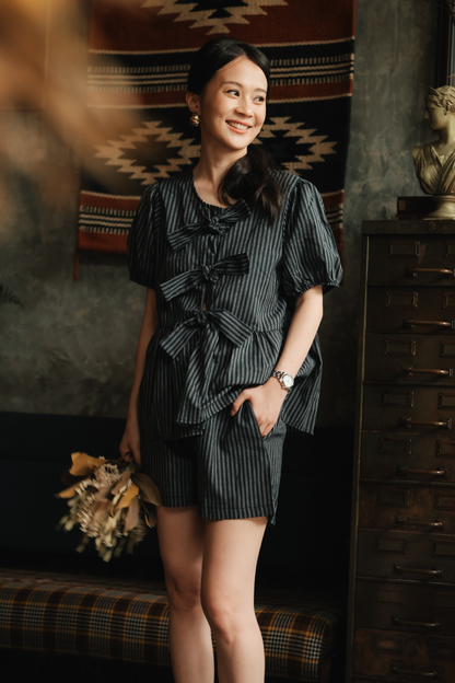 Maëlle Bow Tie Stripe TwinSet in Grey Black