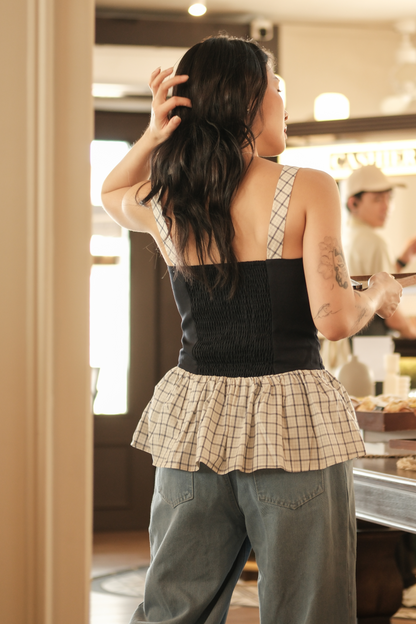 Clémence Checked Peplum Corset Top in Blue