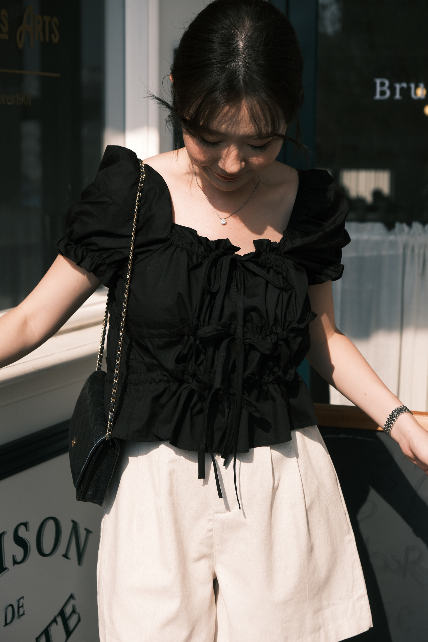 Noelle Ruched Tie Blouse in Black