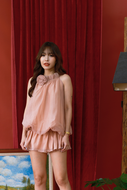 Blush Petal Ruched Halter Mini Dress