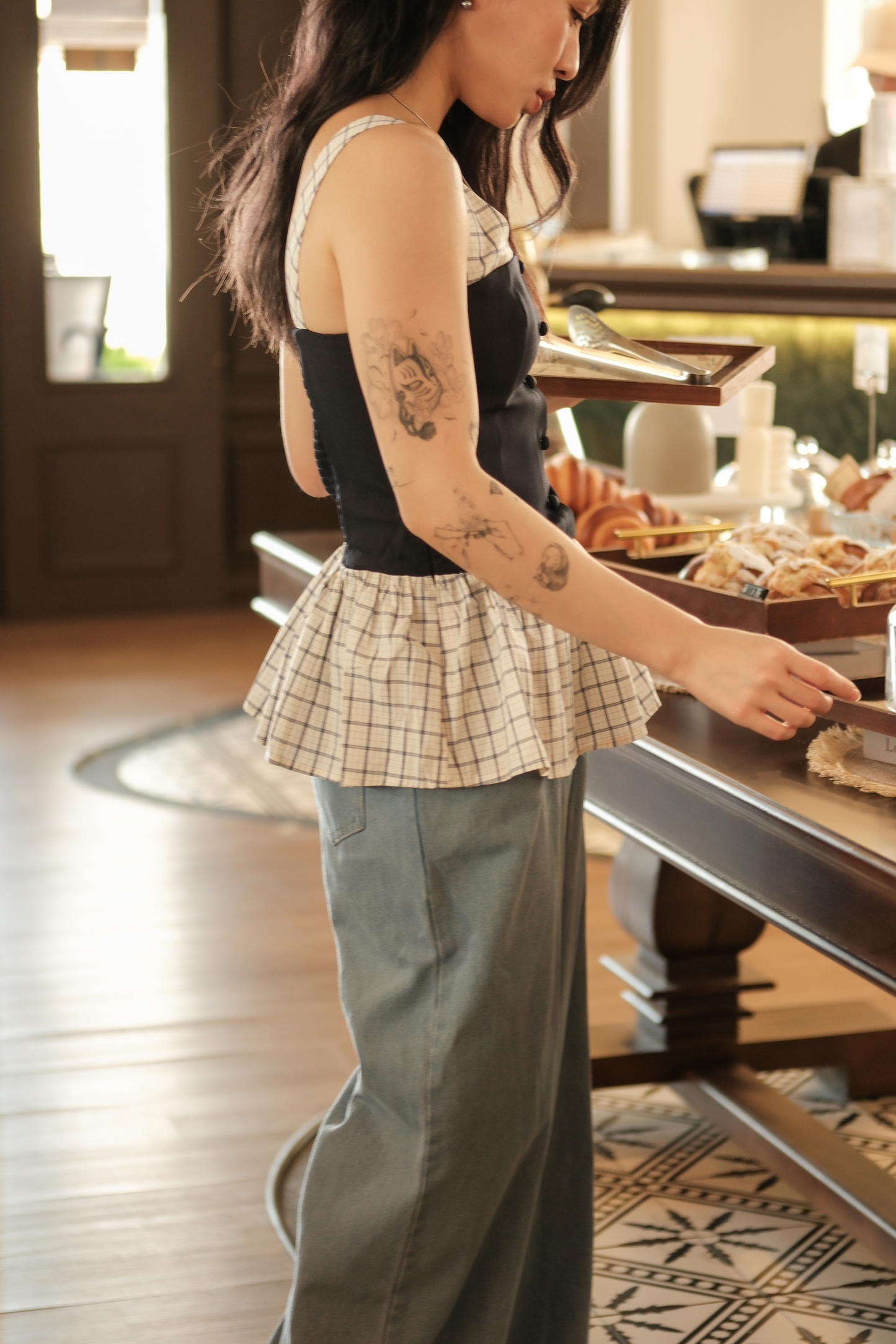 Clémence Checked Peplum Corset Top in Blue