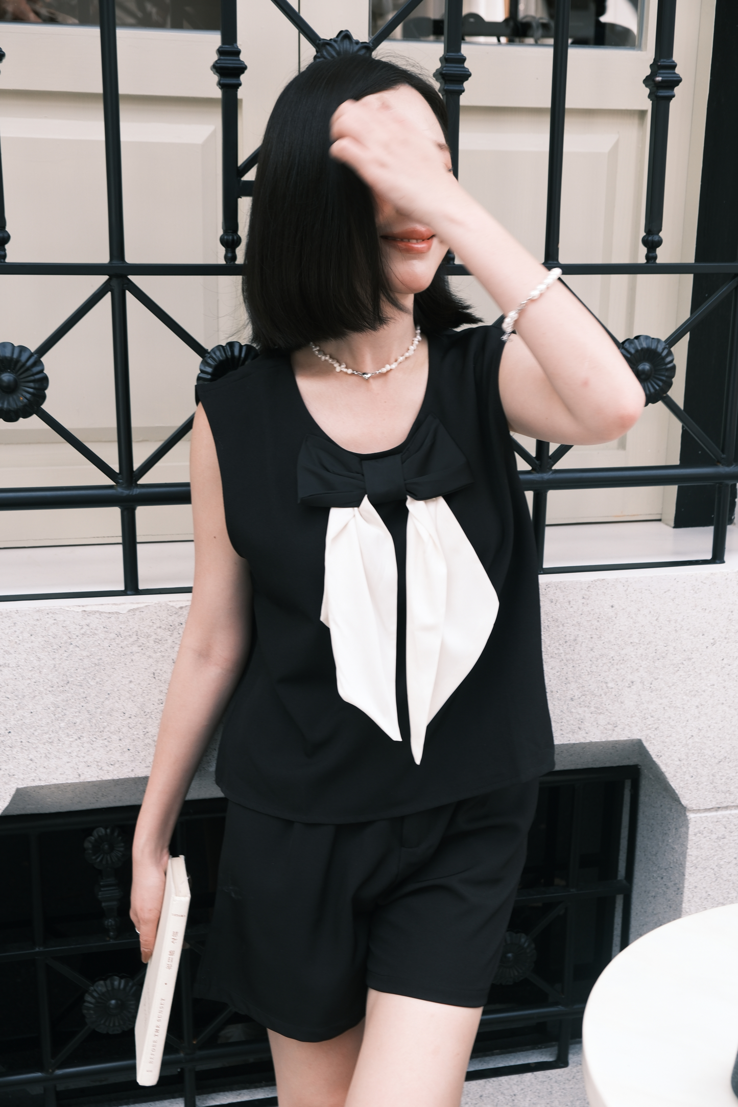 Monroe Satin Bow-Tie Top & Tailored Shorts Set