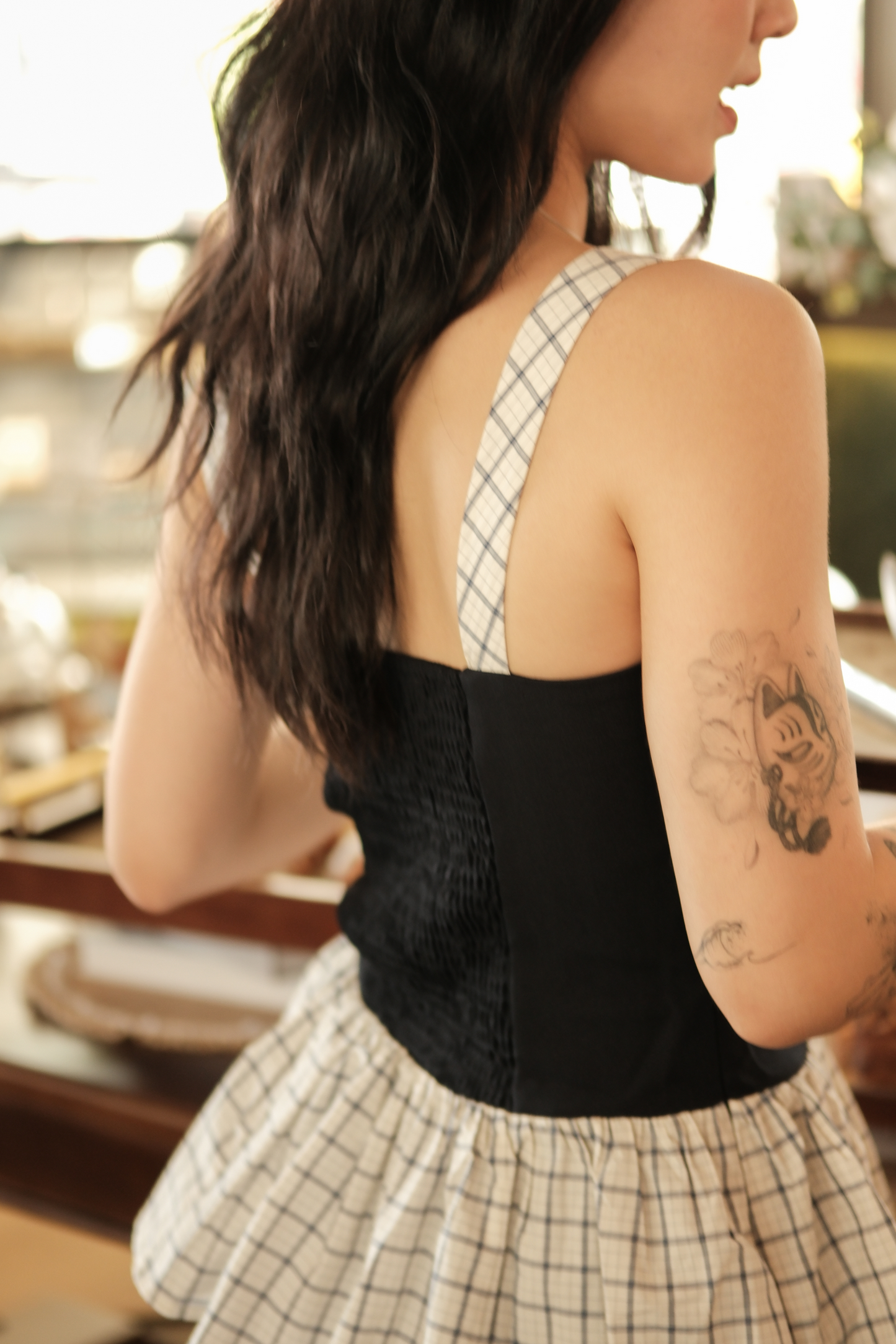 Clémence Checked Peplum Corset Top in Blue