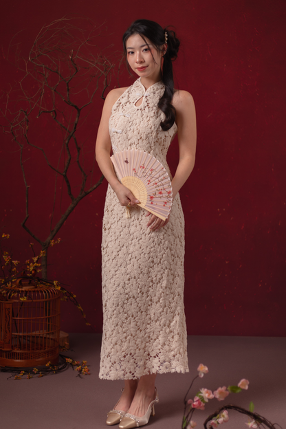 Camellia Lace Cheongsam Dress in Champagne