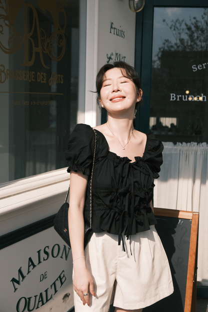 Noelle Ruched Tie Blouse in Black