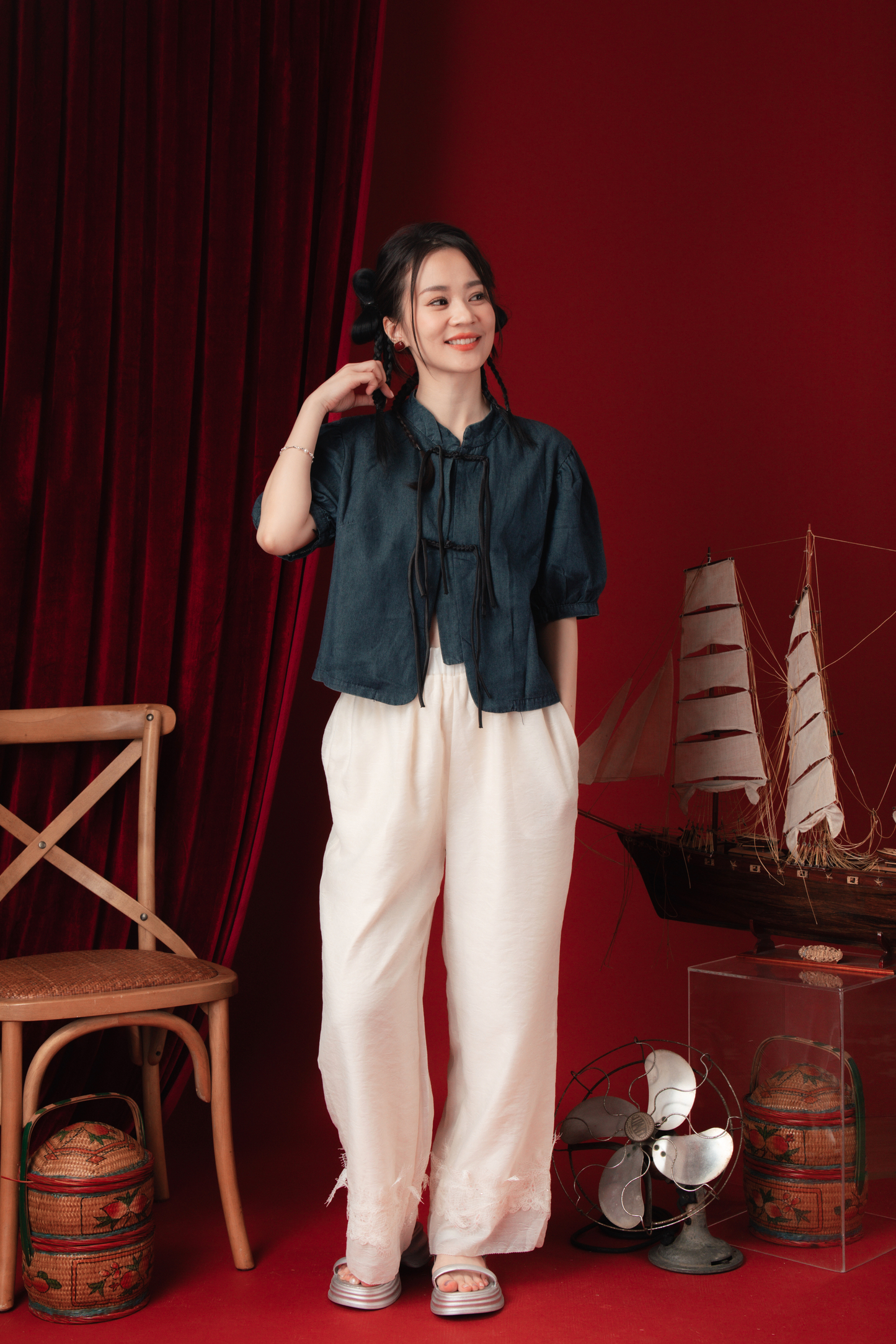 Luna Lace-Hem Embroidered Wide-Leg Pants (In-Stock)