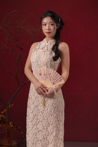 Camellia Lace Cheongsam Dress in Champagne