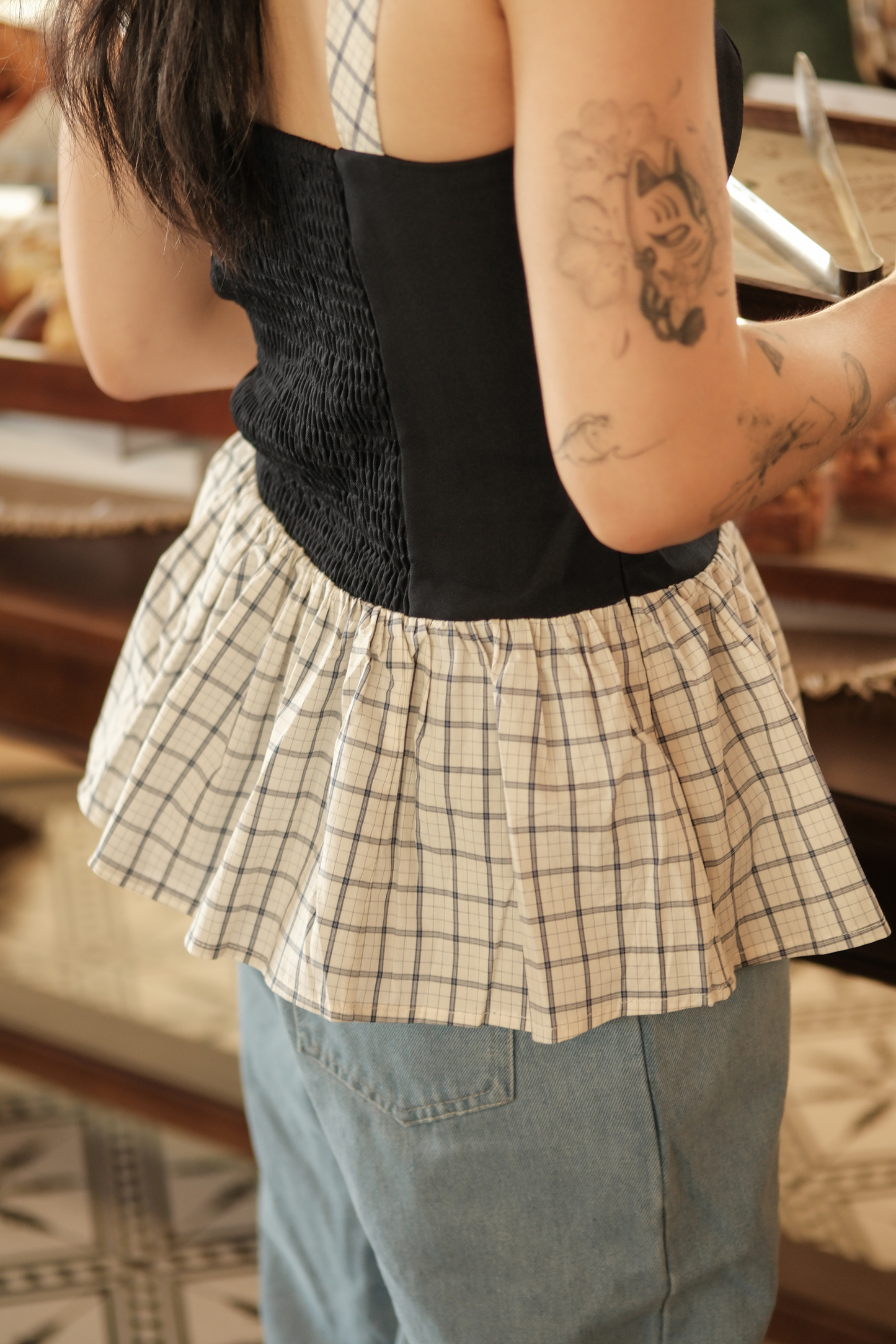 Clémence Checked Peplum Corset Top in Blue